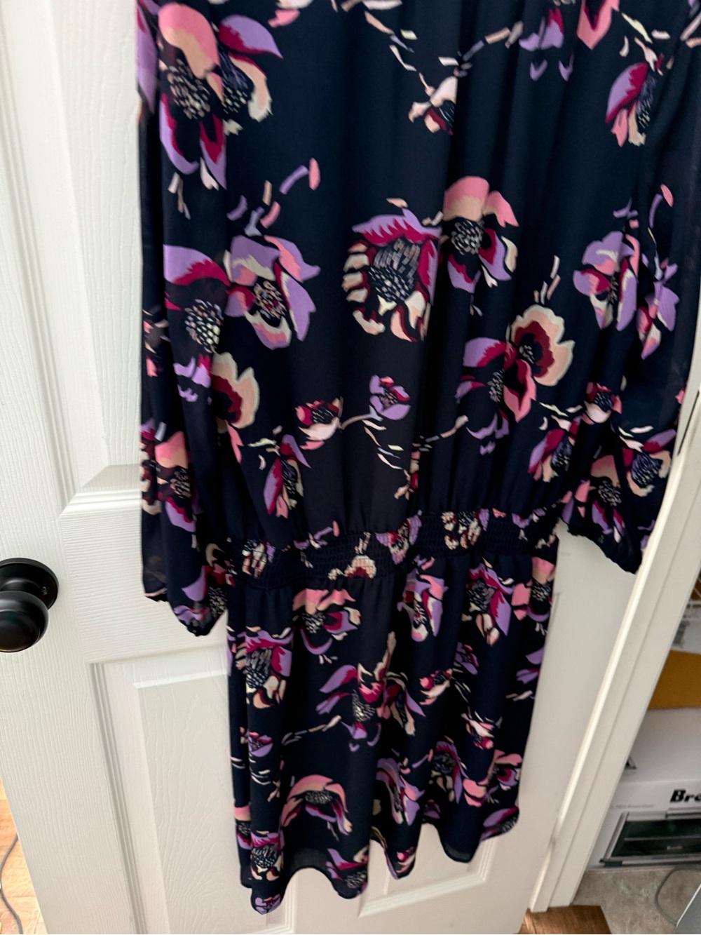 J. Crew Navy Floral Long-Sleeve Midi Dress with Pink and Purple Blooms